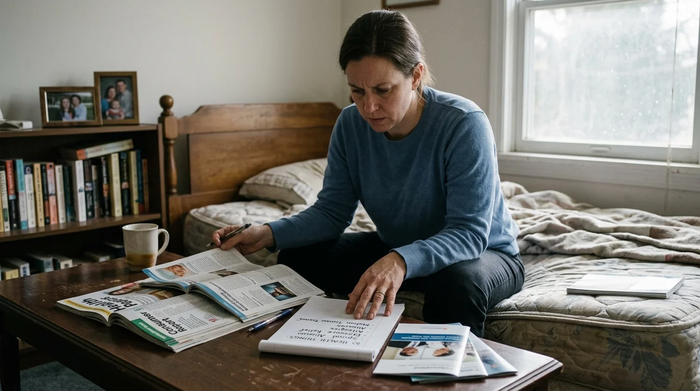 A woman sits on an unmade mattress researching consumer reports and taking notes on a coffee table.