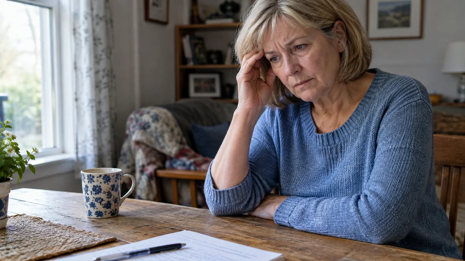 A mature woman in a blue sweater sits at a wooden table resting her head on her hand with a worried expression.