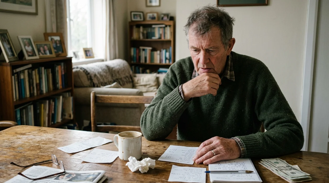 An older man in a green sweater sits thoughtfully at a wooden table covered in notes, cash, a mug, and glasses.