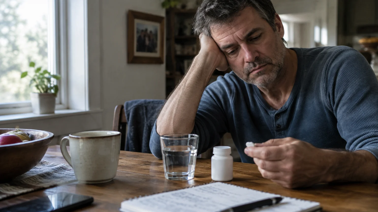 A middle-aged man sits at a wooden table looking weary while holding a pill next to a medicine bottle and water glass.