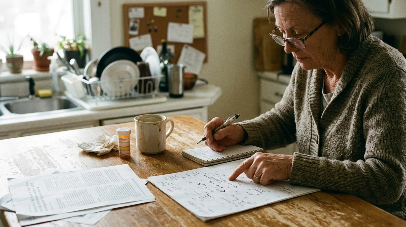 An older woman wearing glasses writes in a notebook while reviewing paperwork and a pill bottle at a kitchen table.