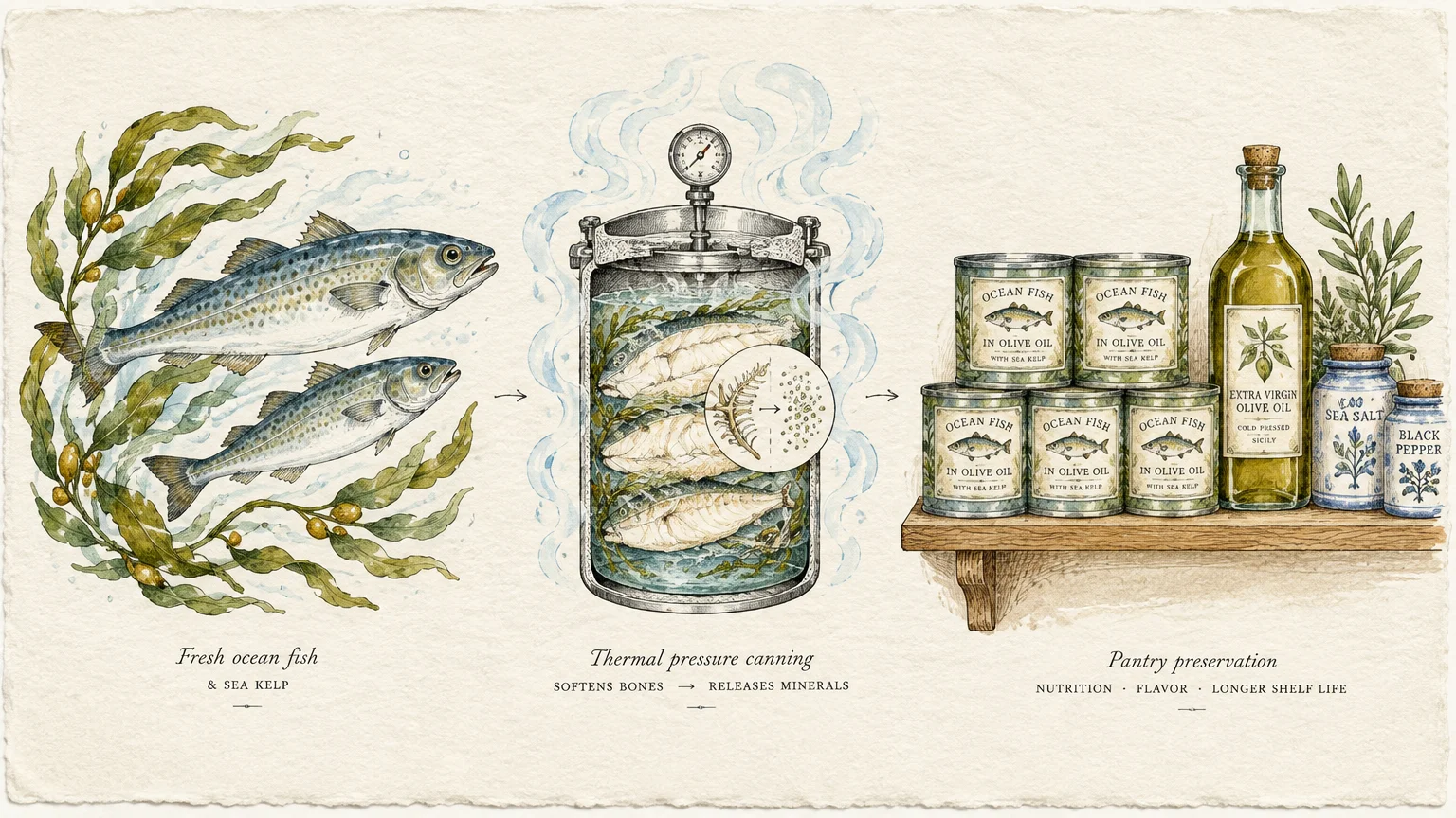 Diagram of fresh ocean fish, a thermal pressure cooker with fish inside, and canned fish tins stacked on a shelf.
