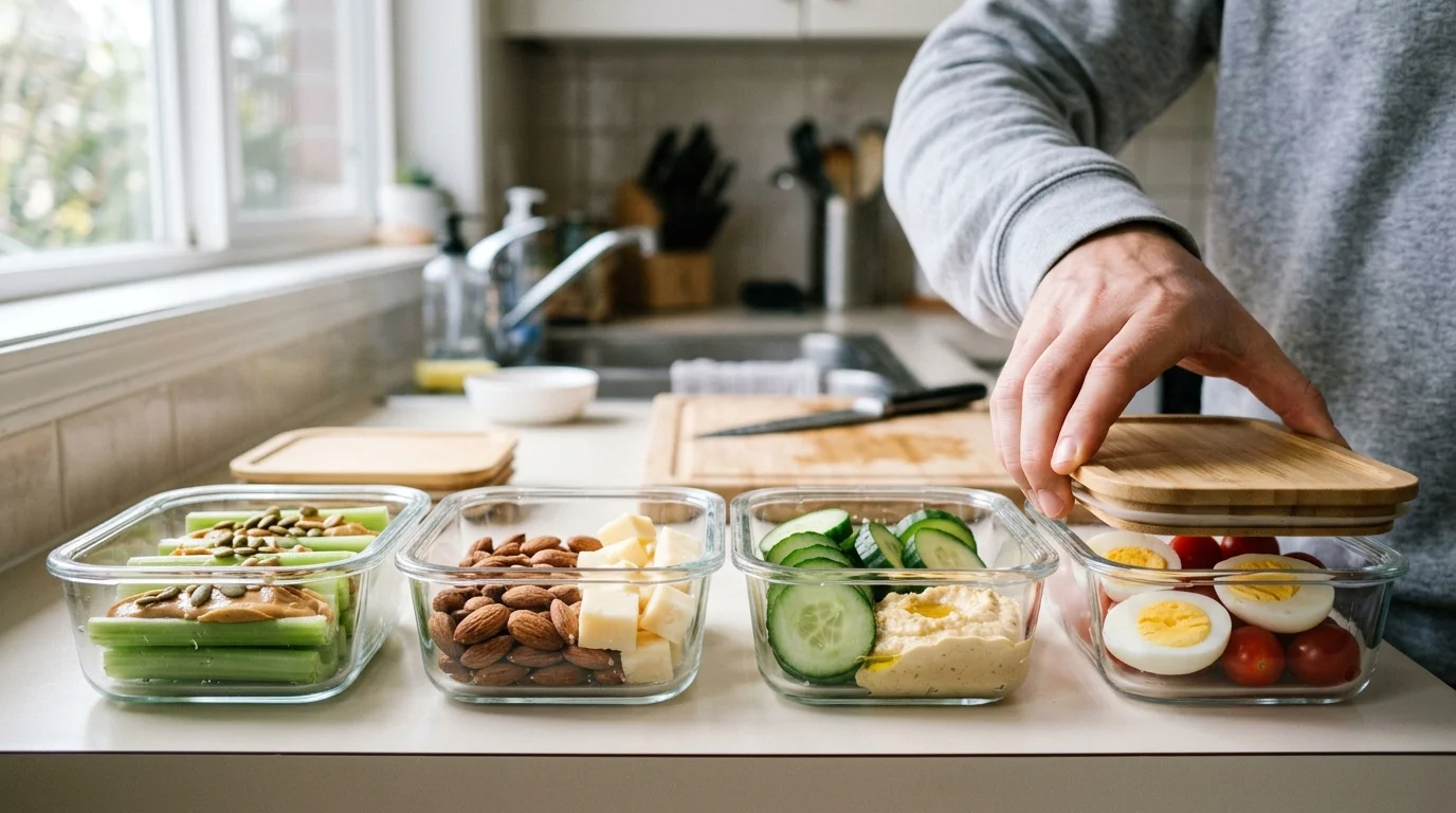 A person placing a wooden lid on one of four glass meal prep containers filled with healthy snacks on a kitchen counter.