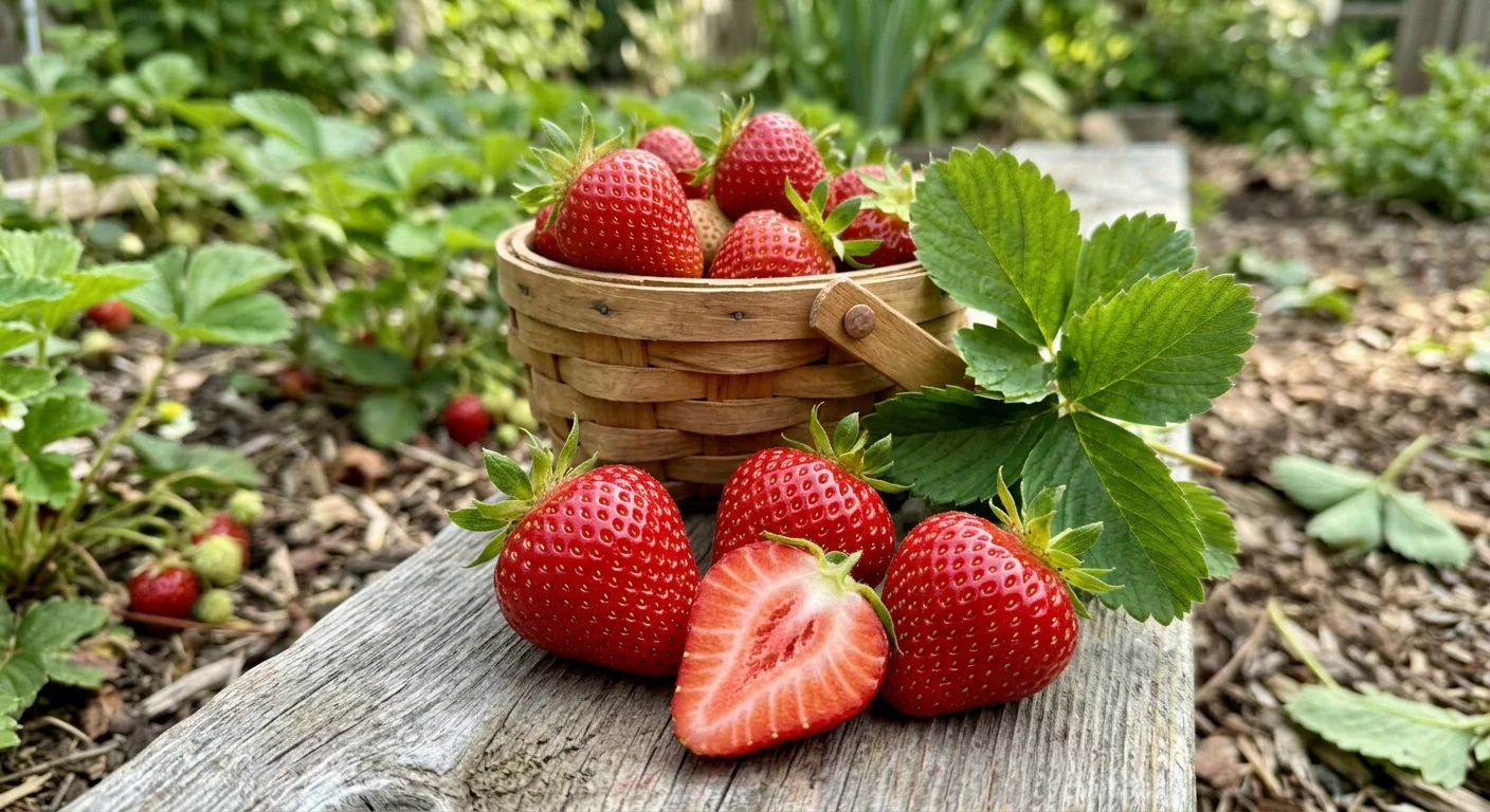 Fresh strawberries inside and around a small wooden basket on a garden plank next to strawberry plants.