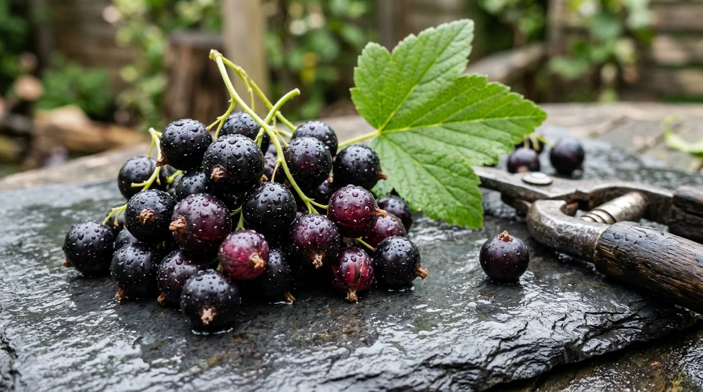 Freshly picked blackcurrants with water droplets and a green leaf resting on a wet slate slab next to pruning shears.