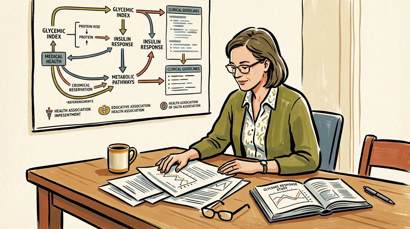 Illustration of a woman reviewing research papers and charts at a desk in front of a glycemic index diagram.