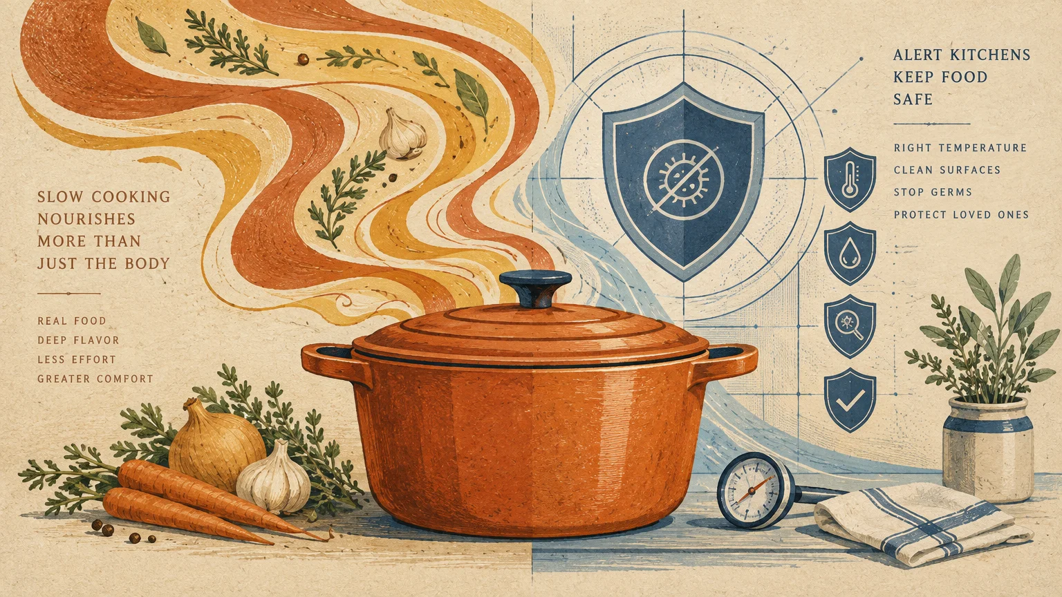 Illustration of an orange cooking pot surrounded by fresh vegetables on the left and food safety shield icons on the right.