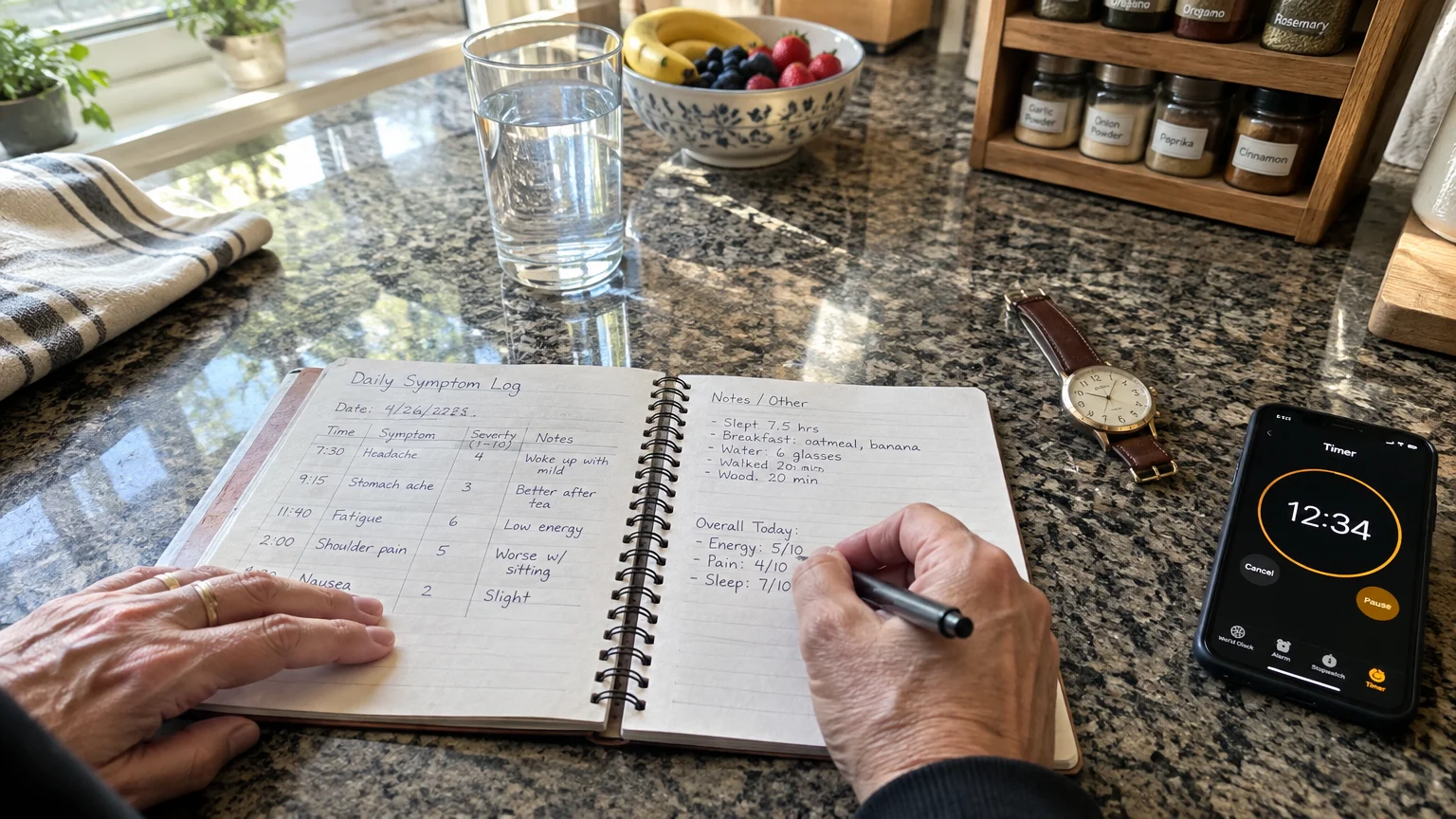 A person writes in a daily symptom log notebook on a granite counter next to a smartphone timer and watch.