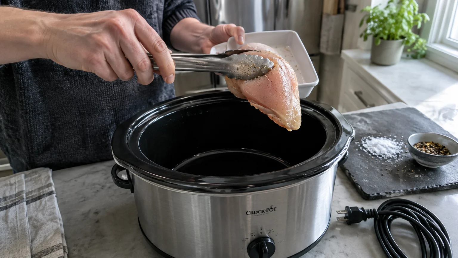 Person using metal tongs to place a raw seasoned chicken breast into an empty stainless-steel slow cooker.