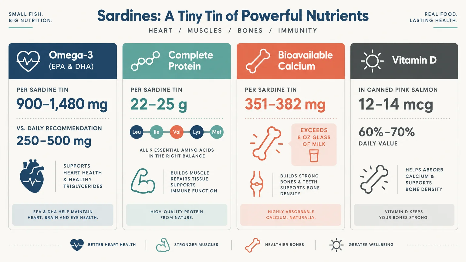 Infographic detailing nutrient amounts per tin of sardines, including omega-3, protein, calcium, and vitamin D.