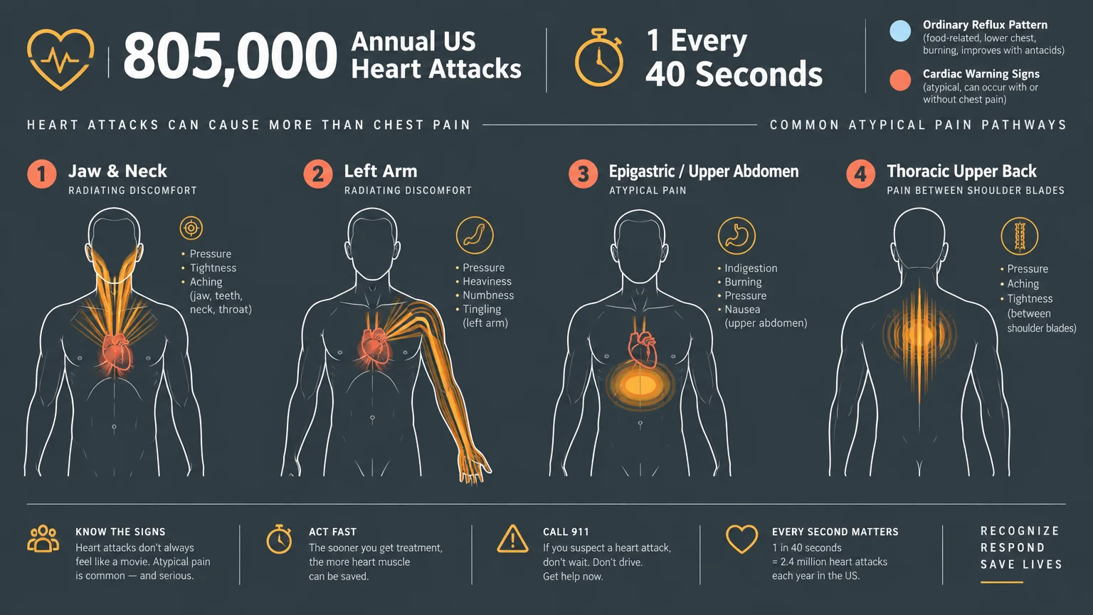 Diagram of four silhouettes showing cardiac pain radiating to the jaw and neck, left arm, upper abdomen, and upper back.