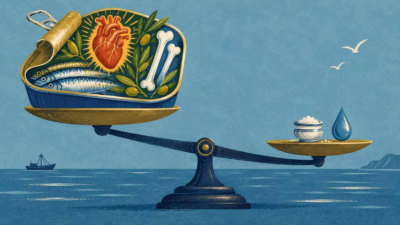 Illustration of a scale balancing an open tin of fish with a heart and bones against a bowl of salt and water drop.