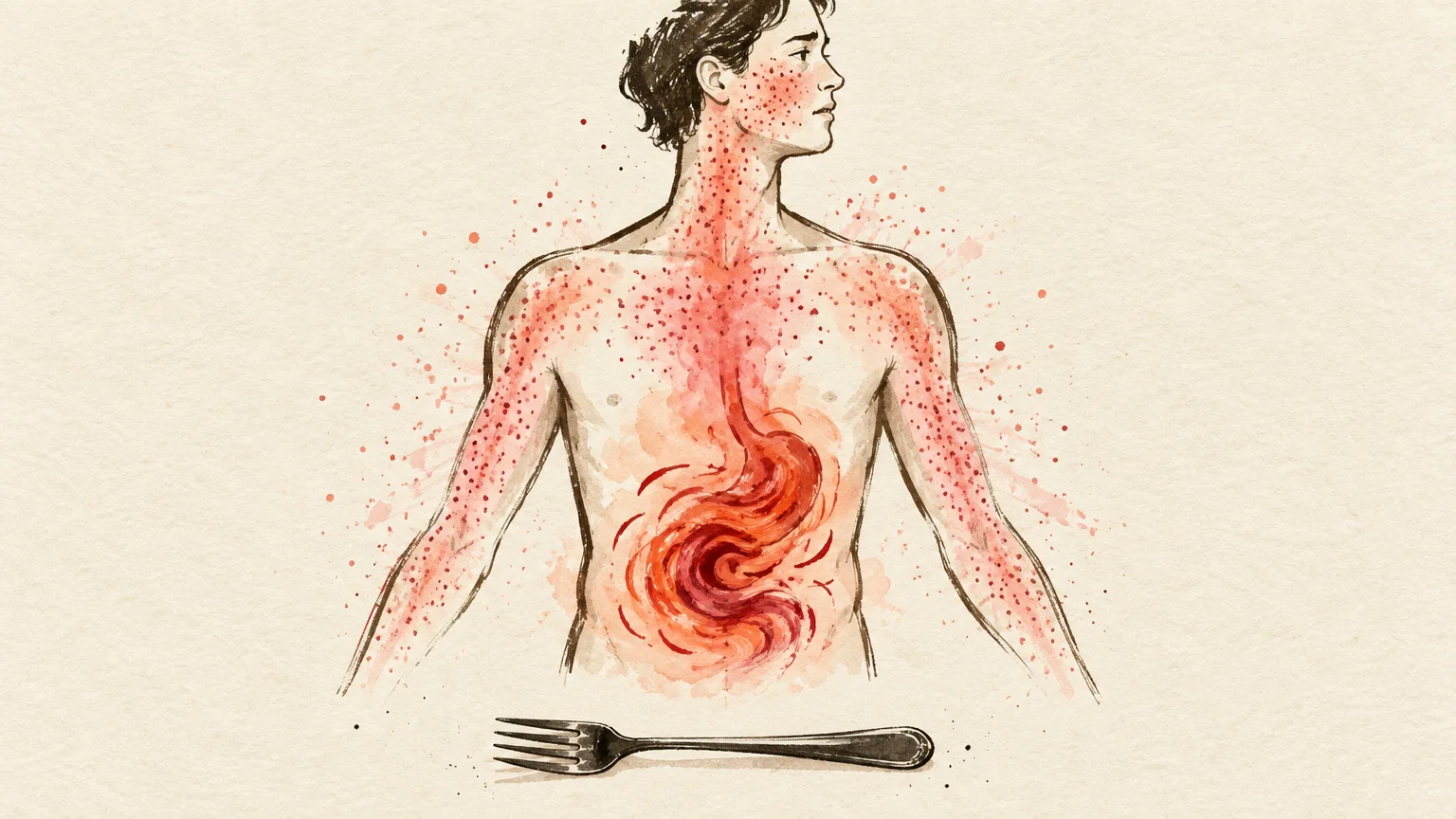 Illustration of a shirtless person with red rash on their skin and swirling red stomach pain above a fork.