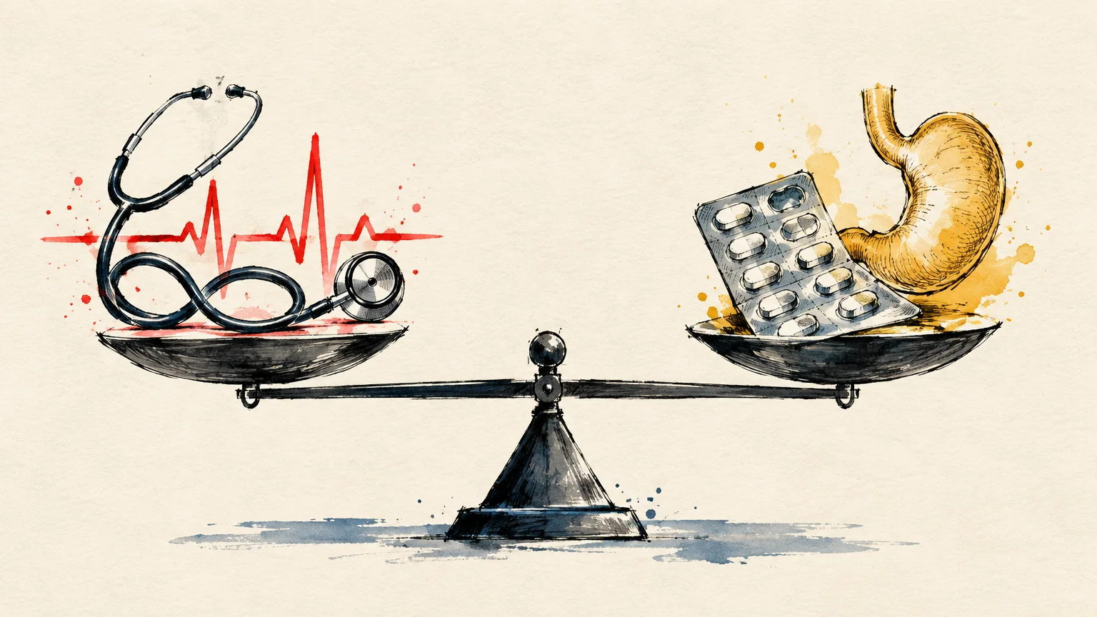 Ink sketch of balanced scales holding a stethoscope and heart rate line on one side, and pill blister pack and stomach on the other.
