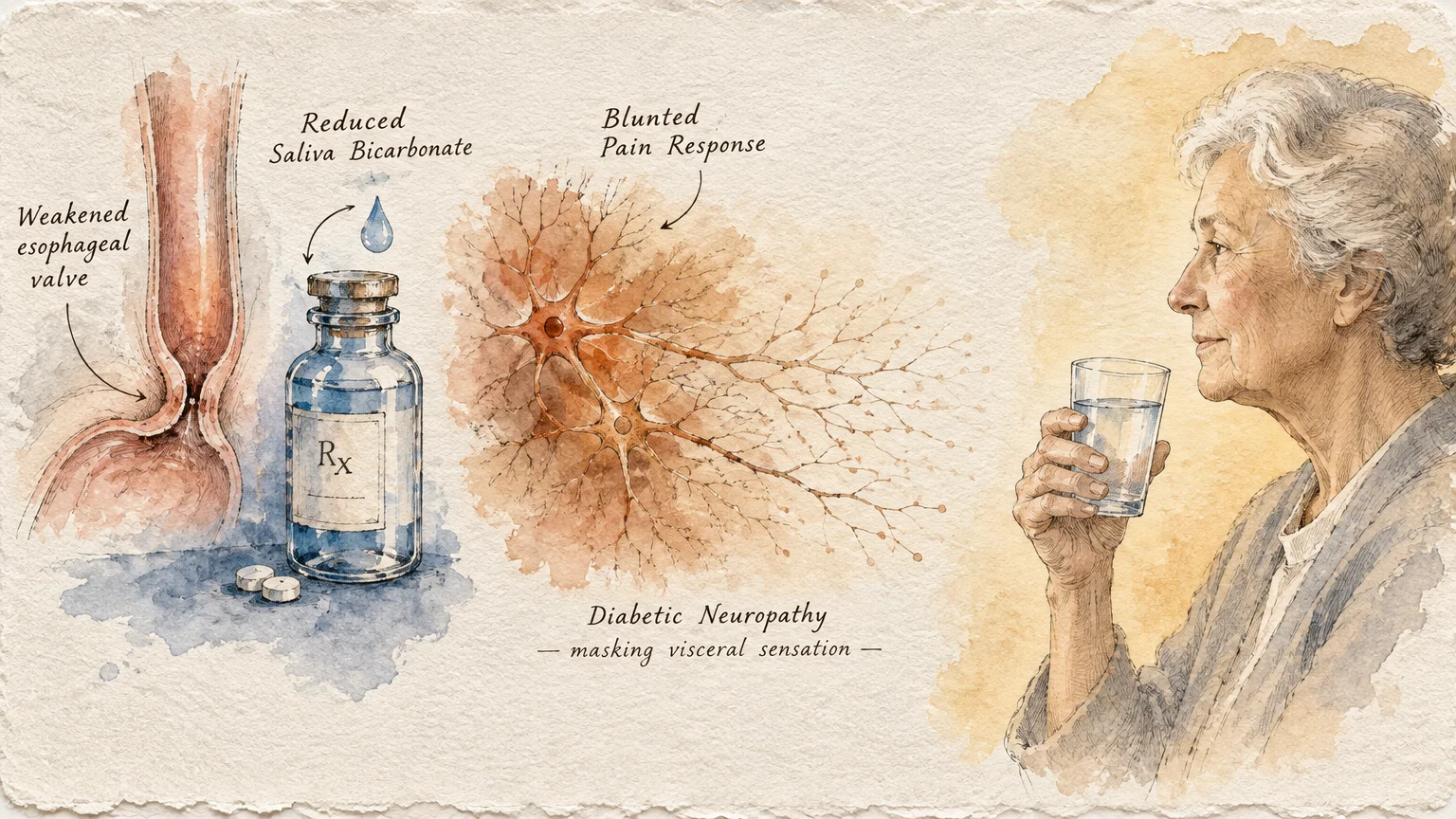 Medical watercolor sketch of an older woman drinking water alongside diagrams of an esophagus, nerve cells, and medicine.