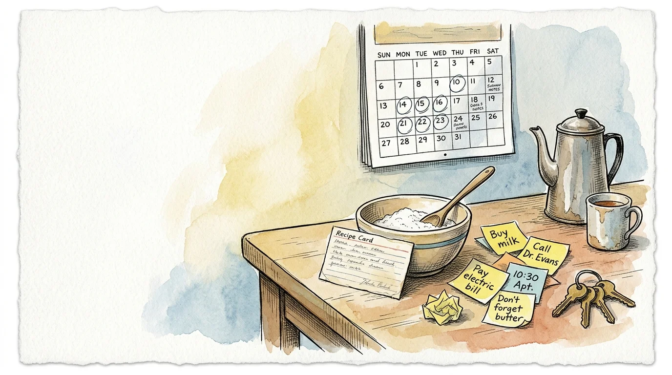 Watercolor of a table with sticky notes, keys, a mixing bowl, coffee pot, and a circled wall calendar.