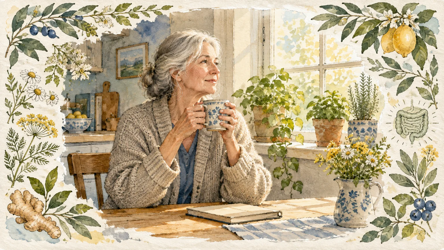 Watercolor illustration of an older woman drinking tea by a sunny window, framed by botanical herbs, fruits, and intestines.
