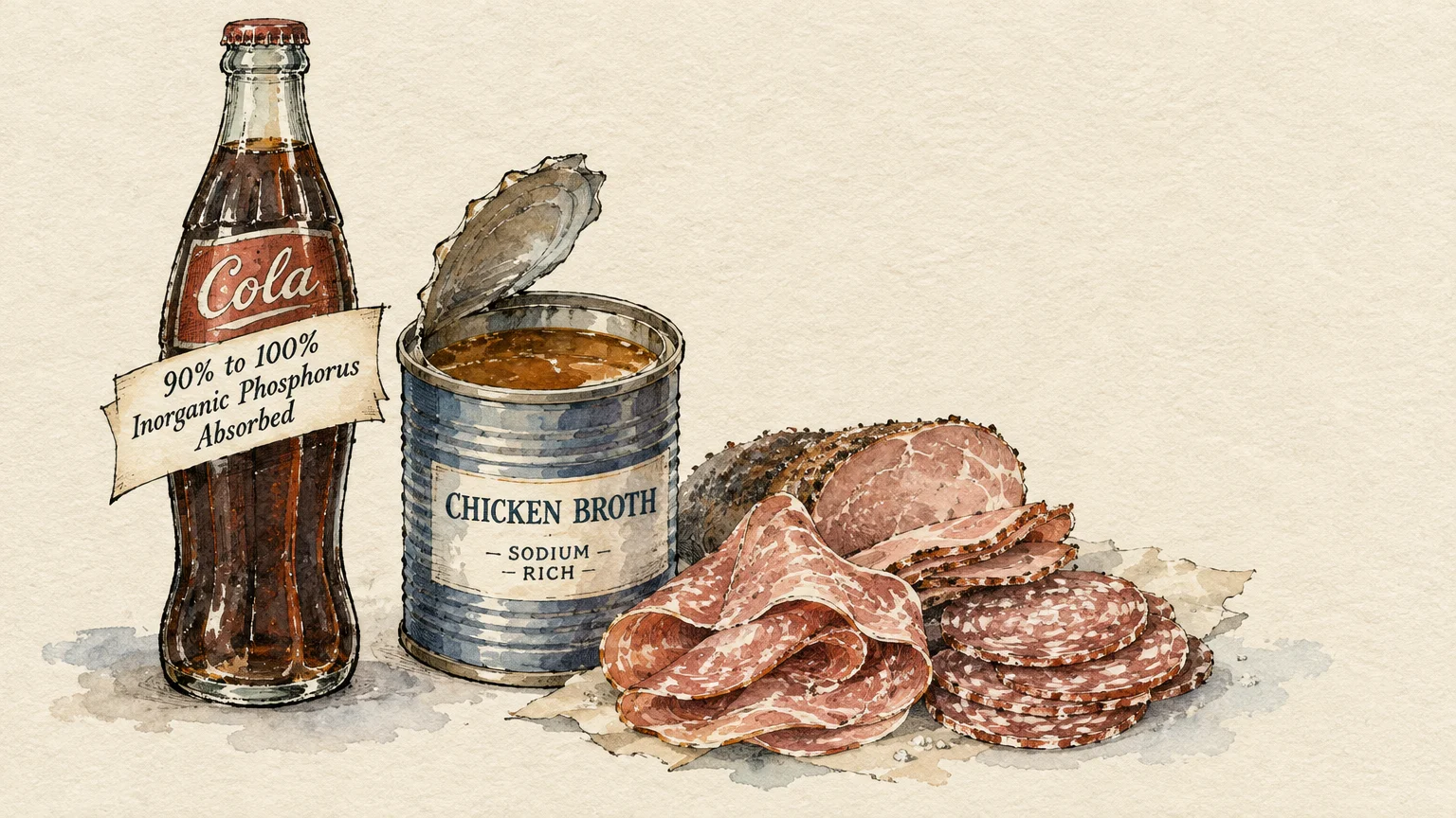 Watercolor illustration of a cola bottle, an open can of chicken broth, and sliced deli meats on parchment paper.