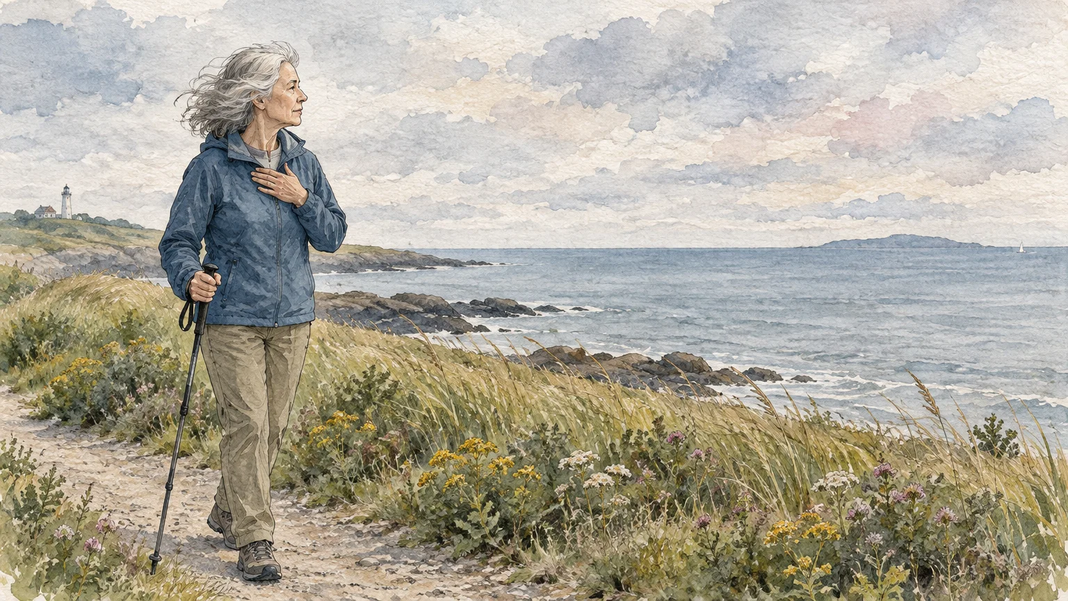 Watercolor illustration of a senior woman hiking along a coastal path, holding a trekking pole with one hand on her chest.
