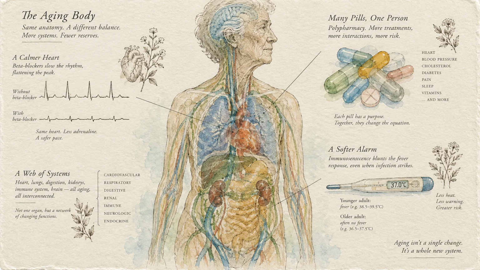 Medical diagram of an elderly figure with internal organs visible, flanked by pills, an EKG, and a digital thermometer.