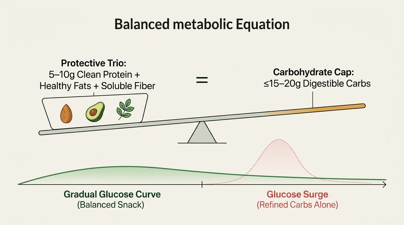 Diagram of a seesaw balancing nutrients above a comparison of a gradual glucose curve versus a sharp glucose surge.