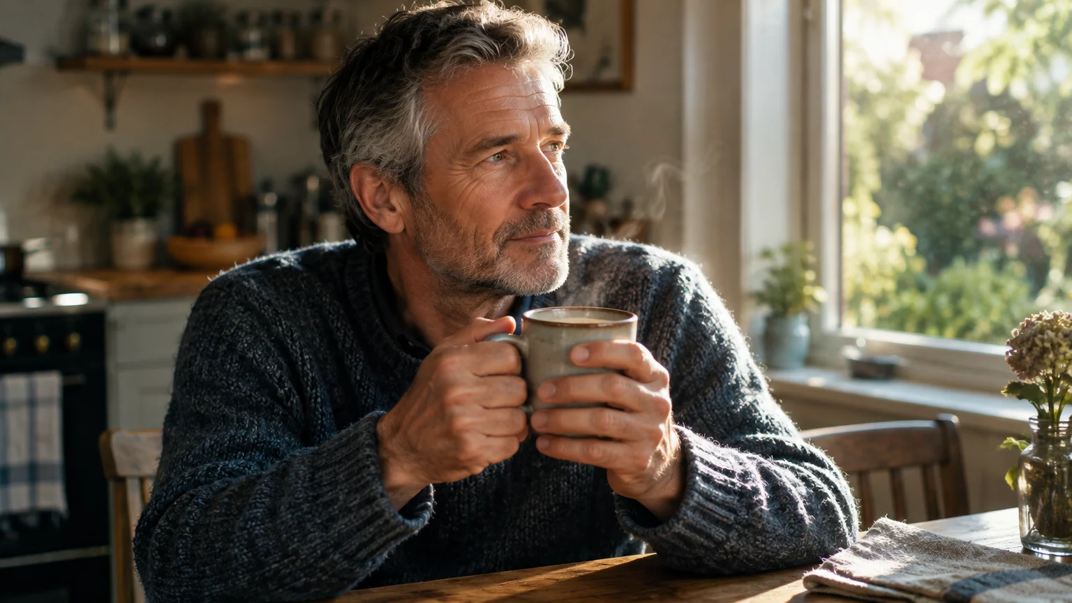 A middle-aged man with graying hair sits at a wooden table in a sunny kitchen, holding a steaming mug and looking outside.