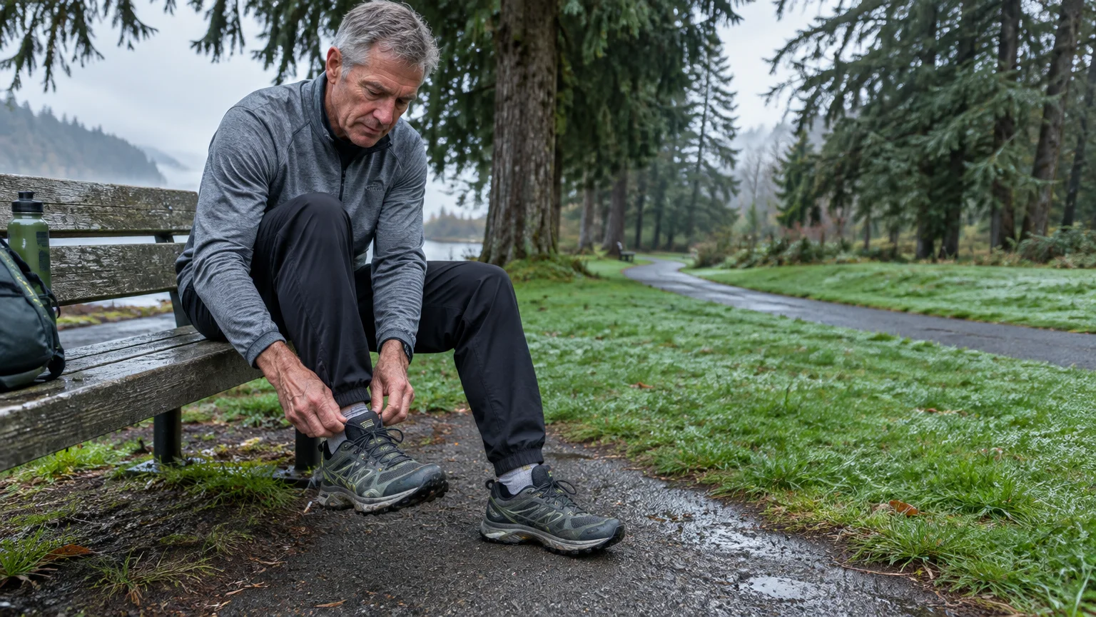 An older man sitting on a park bench ties his shoe along a paved pathway in a rainy forest park.
