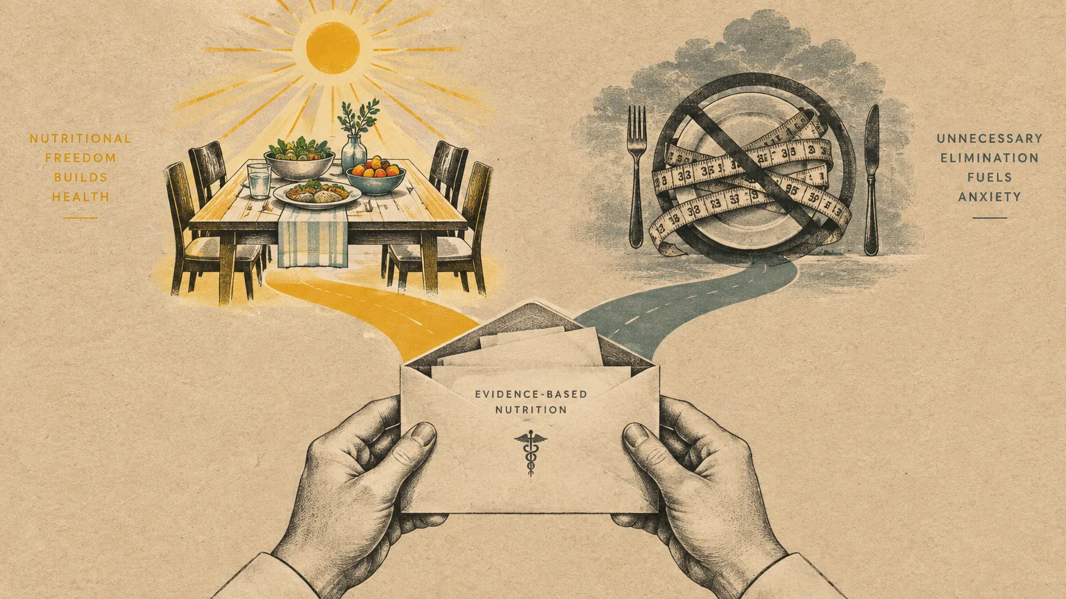 Illustration of hands holding an envelope labeled evidence-based nutrition, leading paths to a sunny feast and a restricted plate.