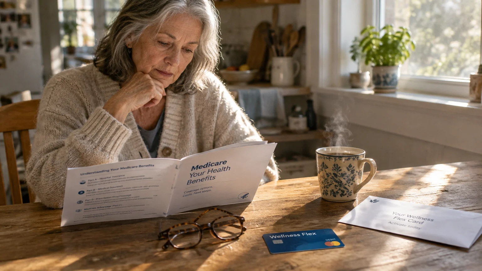 A senior woman sits at a wooden table reading a Medicare benefits booklet beside a wellness debit card.