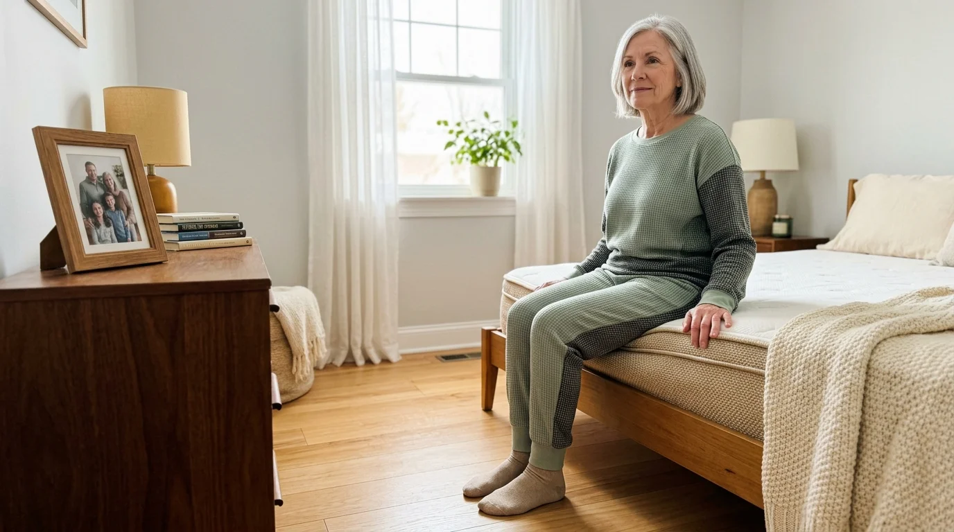 An older woman with gray hair in green loungewear sits on the edge of a bed in a bright bedroom.