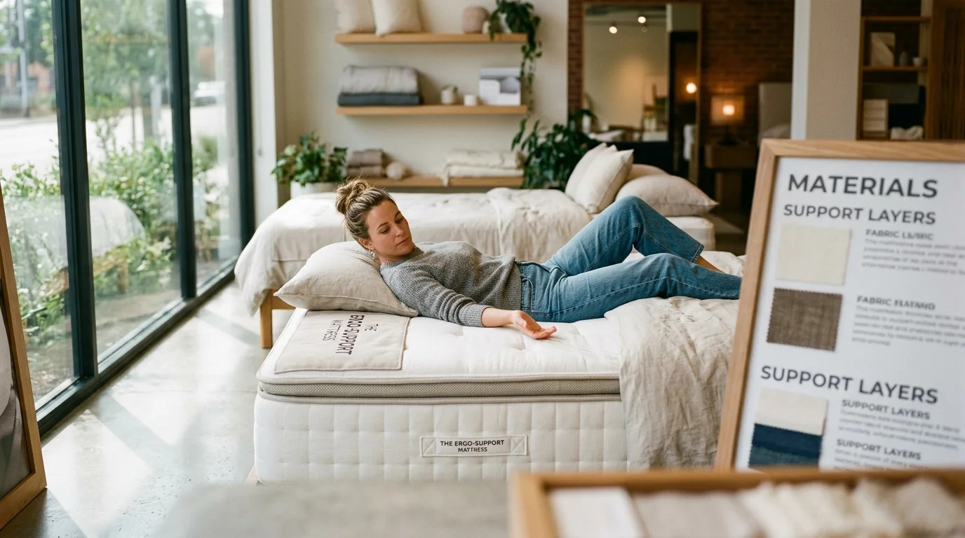 Woman lying down to test a mattress in a brightly lit showroom next to a materials display board.
