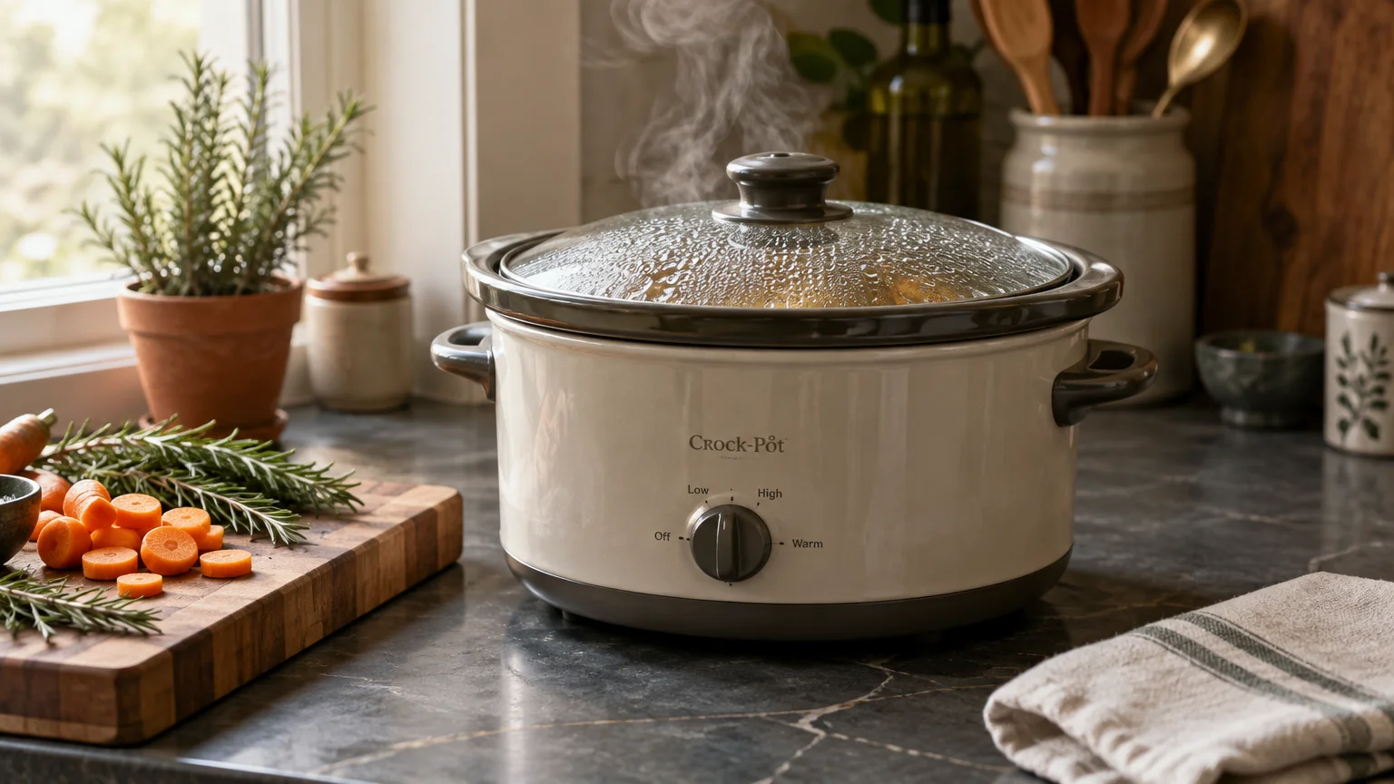 Steaming slow cooker on a dark kitchen countertop next to sliced carrots, rosemary, and a cutting board by a window.