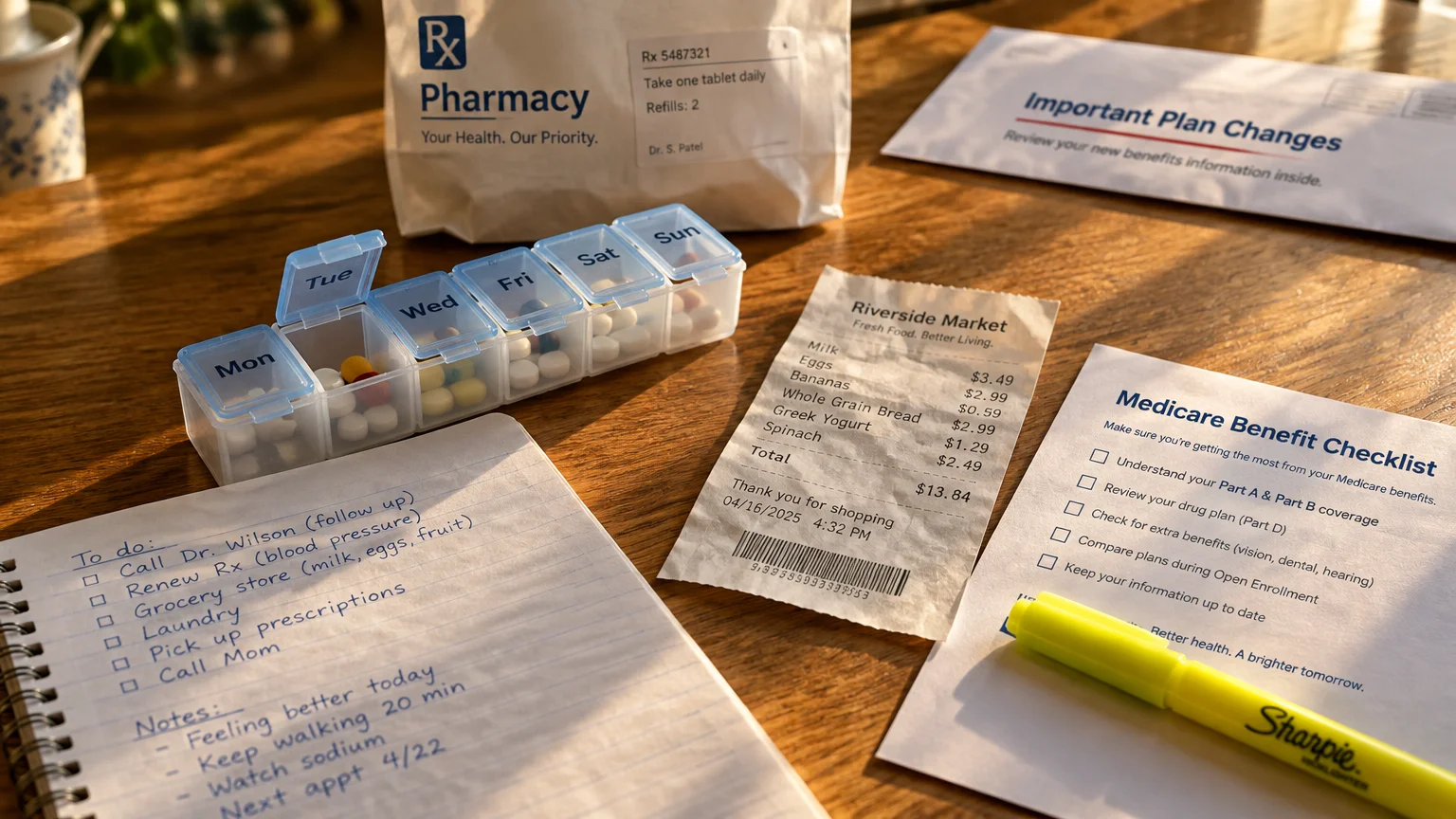 A pill organizer, grocery receipt, pharmacy bag, and Medicare benefit checklist arranged on a wooden table.