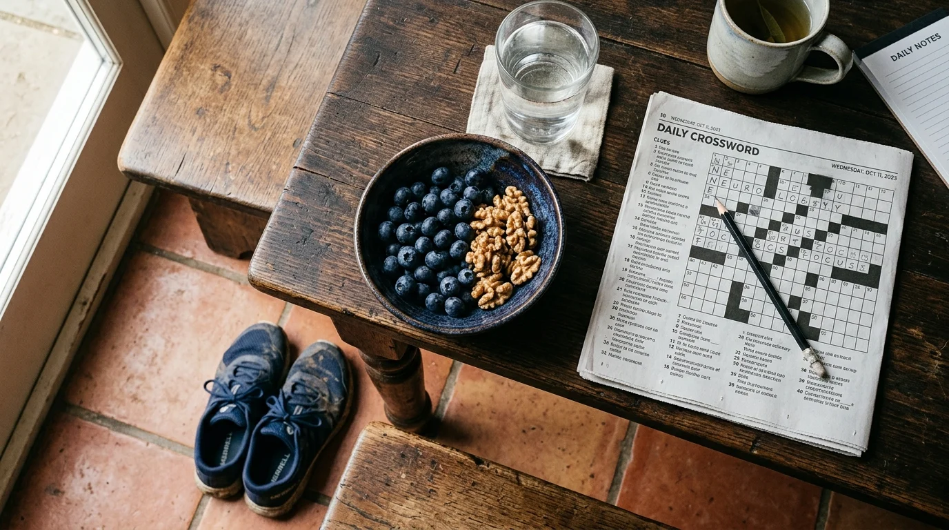 Crossword puzzle with a pencil on a wooden table beside a bowl of blueberries and walnuts, a drink, and sneakers.