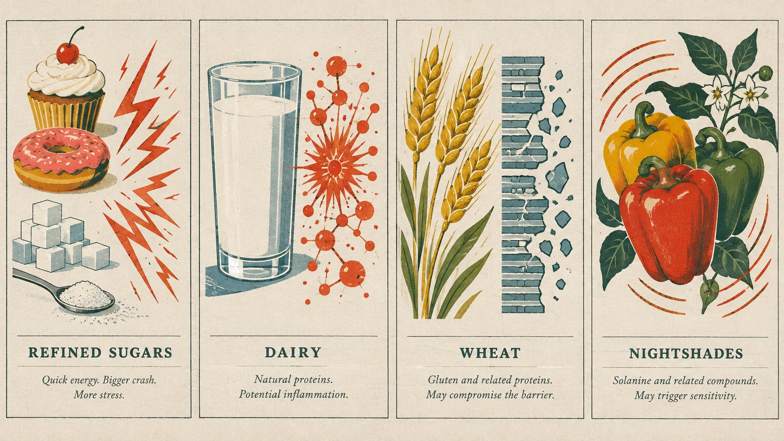 Four illustrated panels showing refined sugars, dairy, wheat, and nightshades alongside graphics of bodily inflammation.