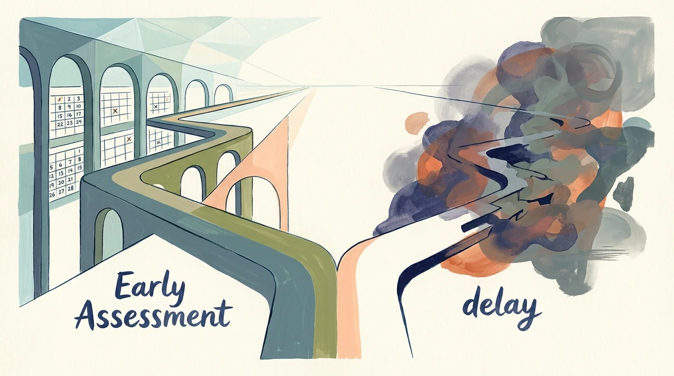 Illustration of a structured bridge path labeled Early Assessment contrasting with a crumbling path into dark clouds labeled delay.