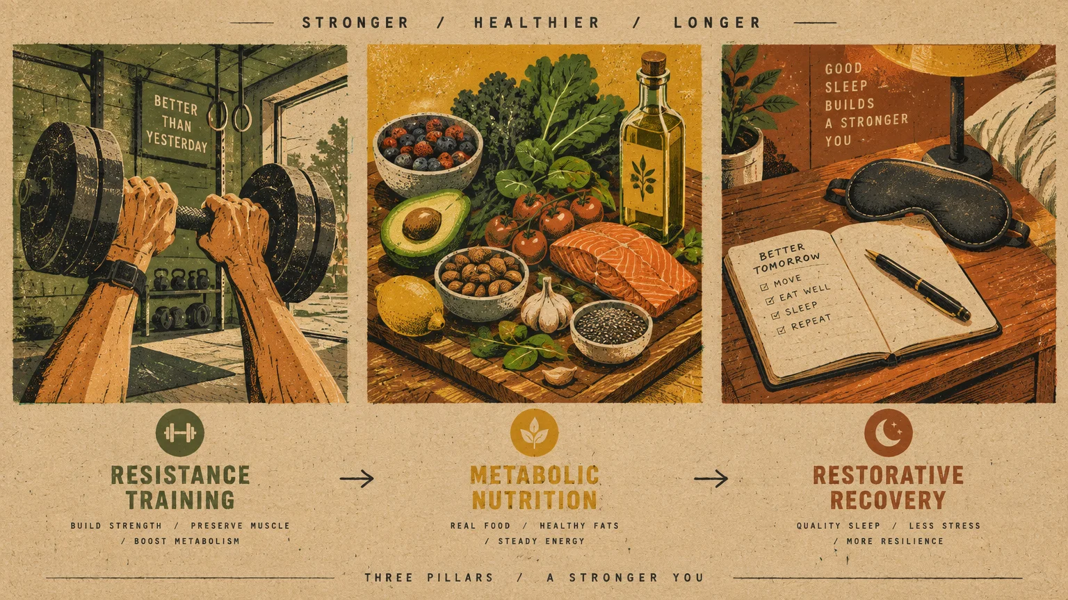 Three-panel illustration showing resistance training with a barbell, healthy whole foods, and a nighttime recovery journal.