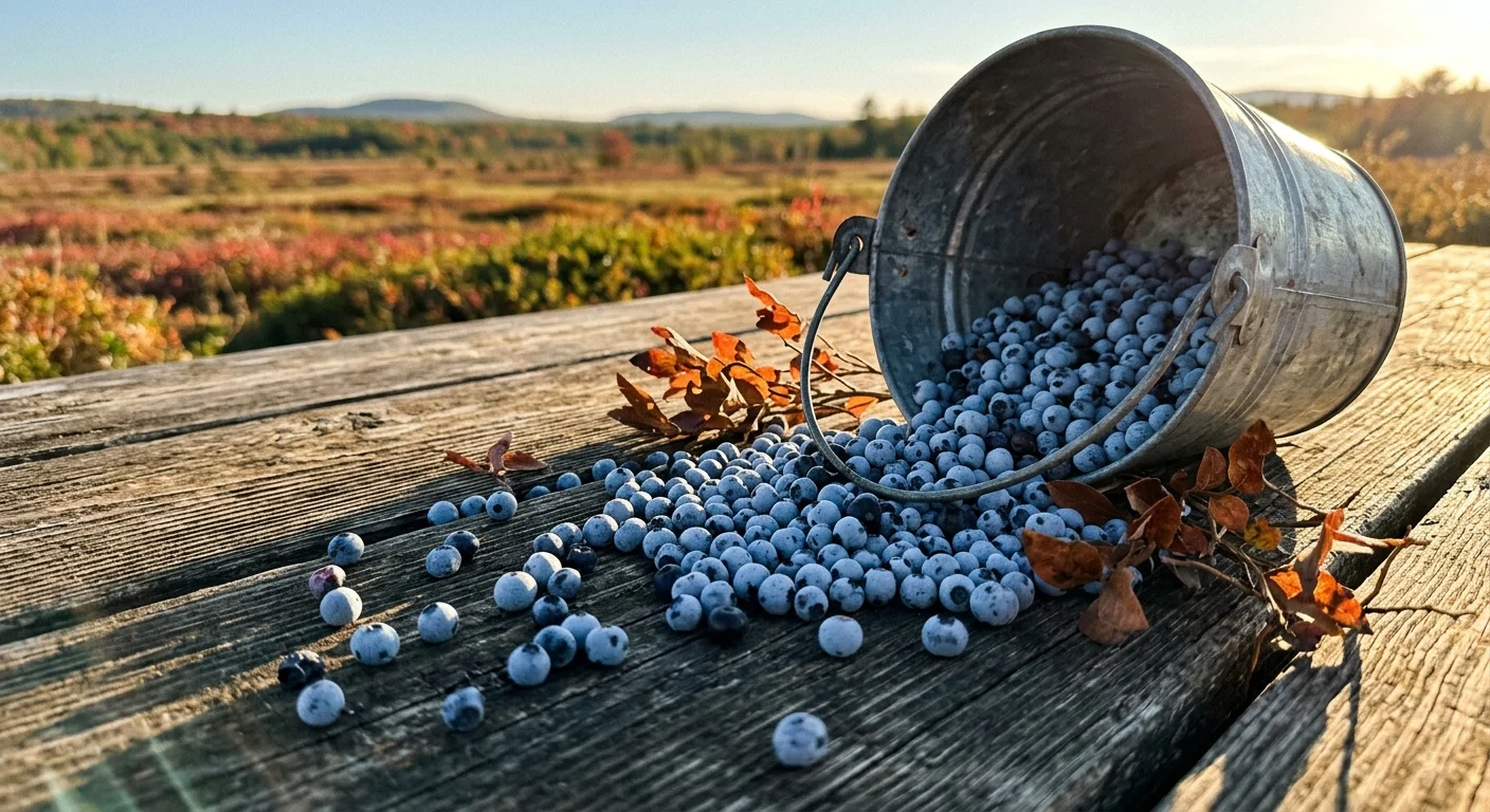 Freshly harvested wild blueberries spilling from a tipped galvanized metal pail onto a rustic wooden table outdoors.