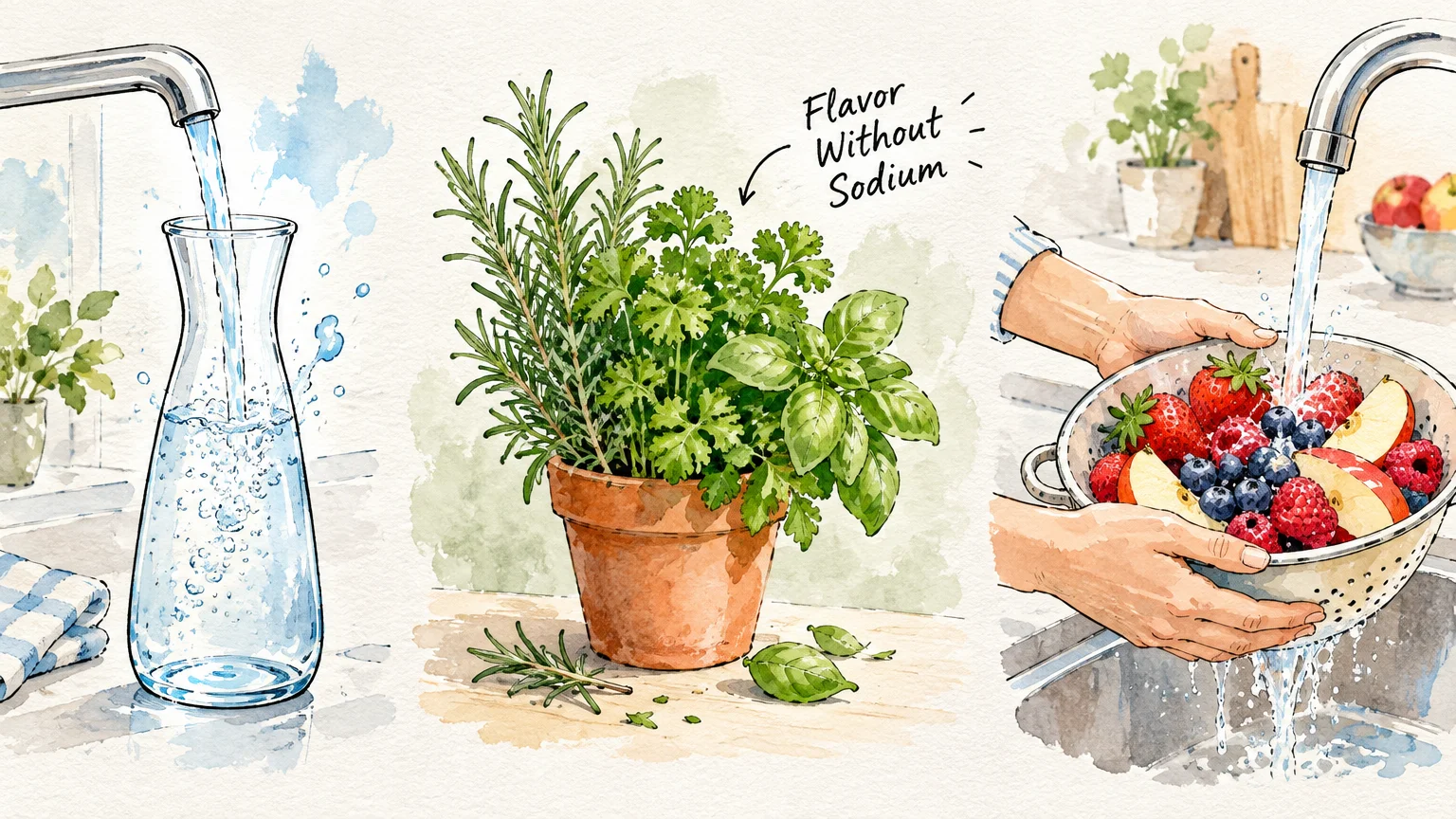 Watercolor of a water carafe being filled, potted fresh herbs, and hands rinsing fresh fruit in a colander.