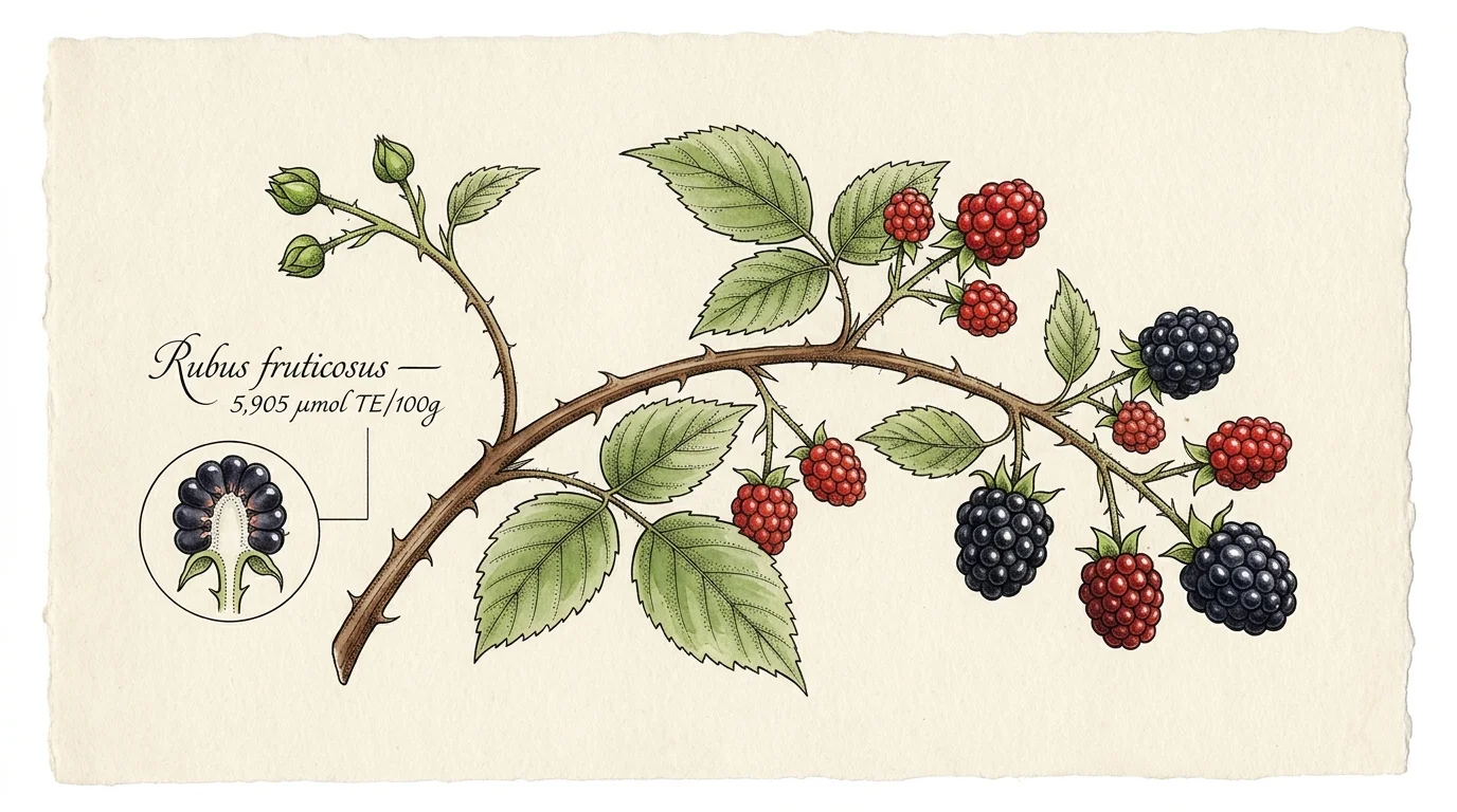 Botanical illustration of a thorny blackberry branch with ripe and unripe berries, featuring a cross-section diagram.