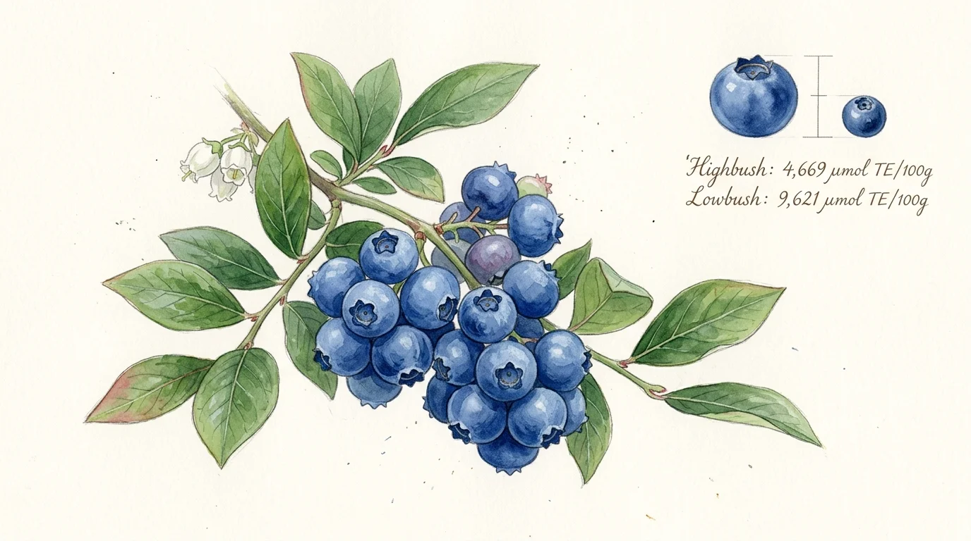 Watercolor illustration of a blueberry branch with ripe berries and flowers, alongside a size comparison of two blueberries.