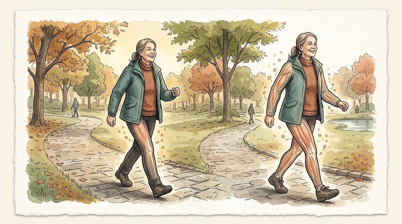 A senior woman walking on a park path, with an anatomical overlay highlighting the muscles in her legs and arms.
