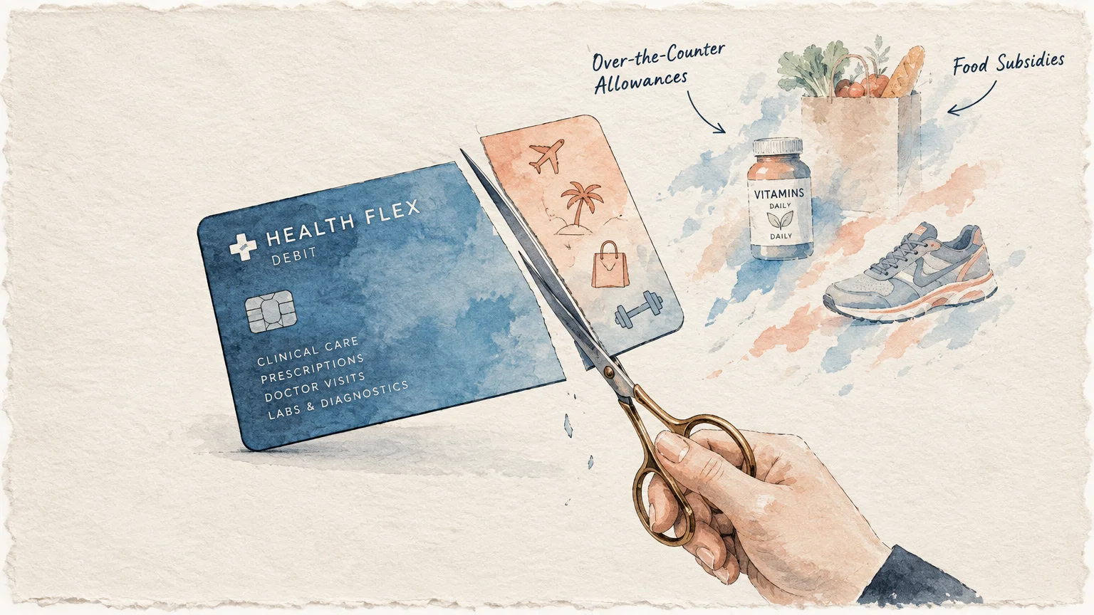 A hand uses scissors to cut a Health Flex debit card in two, beside illustrations of vitamins, groceries, and a sneaker.
