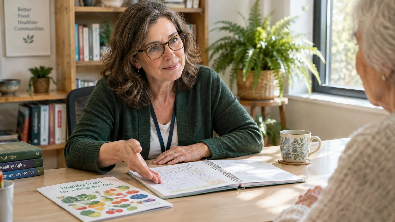 A nutritionist wearing glasses speaks with a client across a desk with an open binder and nutrition pamphlet.