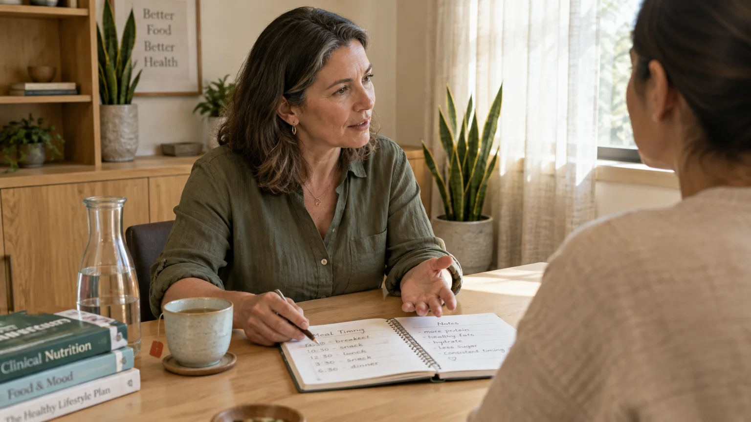 A nutritionist discusses meal timing notes in an open notebook across a table from a client in an office.