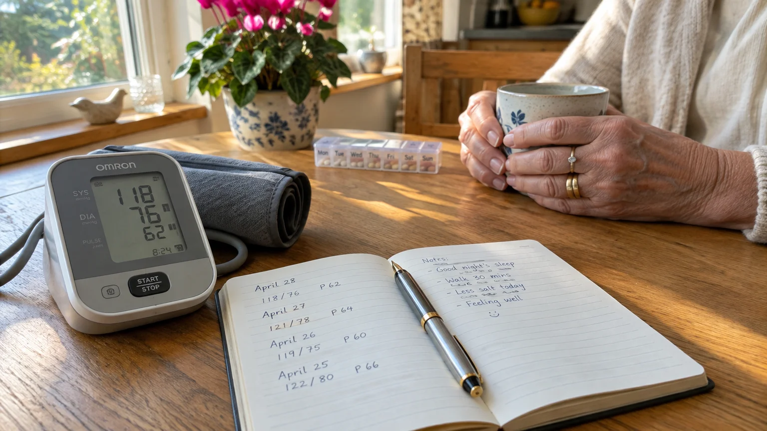 A blood pressure monitor next to an open logbook and pen on a wooden table, with an older adult holding a mug.