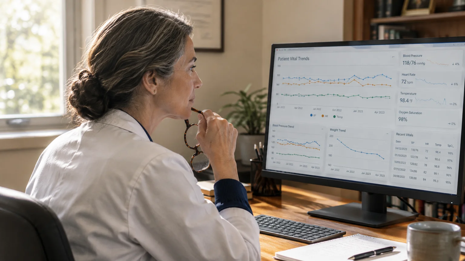A doctor at a desk looks at a computer monitor displaying patient vital trends and health data charts.