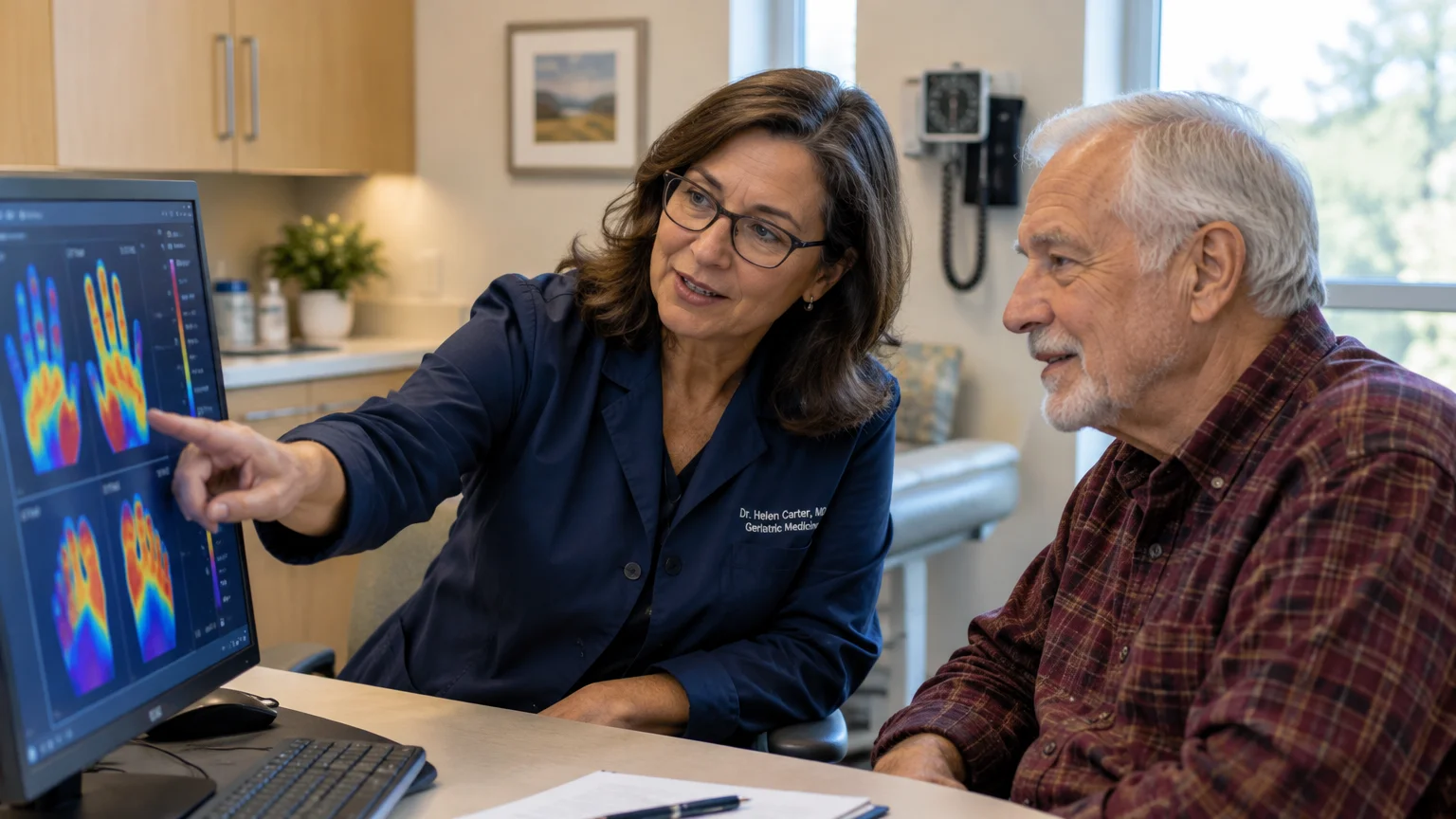 A doctor in glasses points to thermal scans of hands and feet on a computer monitor while consulting an older male patient.