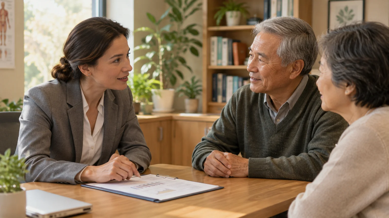 A doctor in a suit sits at a wooden desk discussing medical charts with an older couple in an office.
