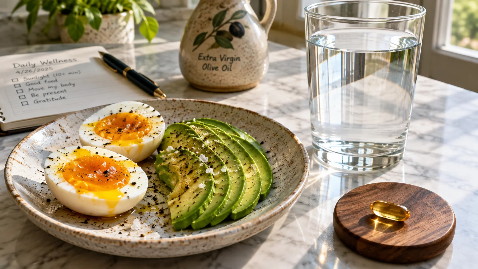 Sliced avocado and soft-boiled eggs on a plate beside a glass of water, olive oil pitcher, and a supplement capsule.